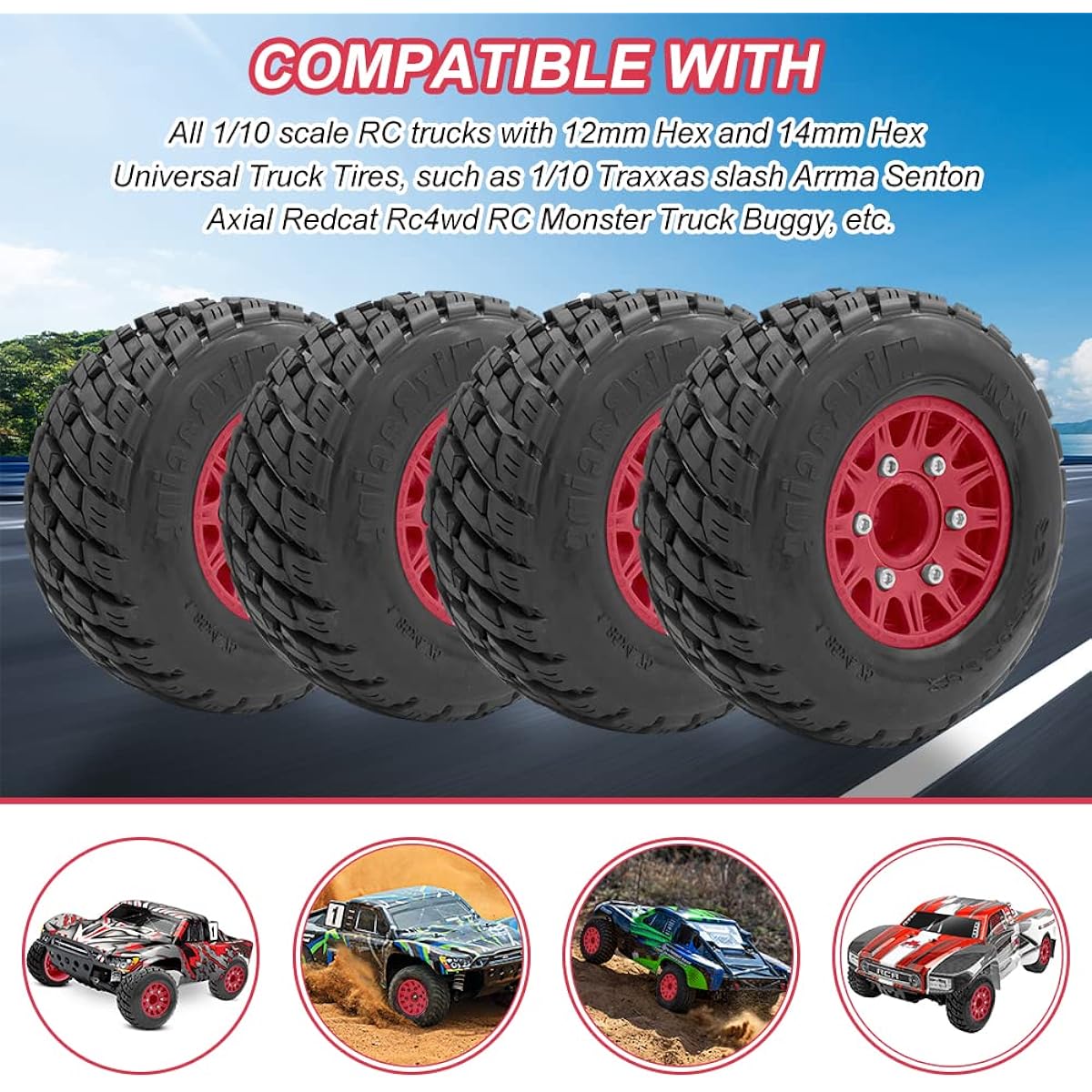 OGUNKE RC 4pcs Truck Tires 1/10 Scale for Arrma Senton Tires Traxxas Slash Tires Axial Redcat Rc4wd Hexagonal Detachable Replacement 14mm 12mm RC Wheels and Tires (Red)