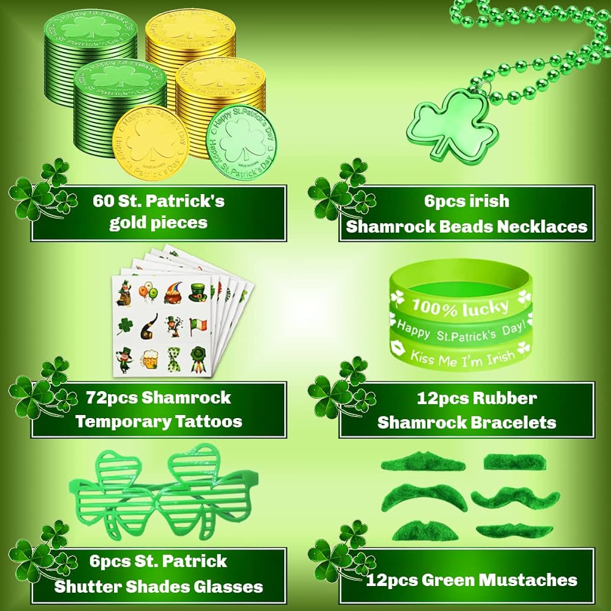 108pcs St. Patrick's Day Party Favors Accessories Set - Shamrock Bead Necklaces, Shamrock Glasses, Temporary Tattoos, Mustache, Bracelets for Kids St. Patrick's Day Irish Theme Party Props Decorations