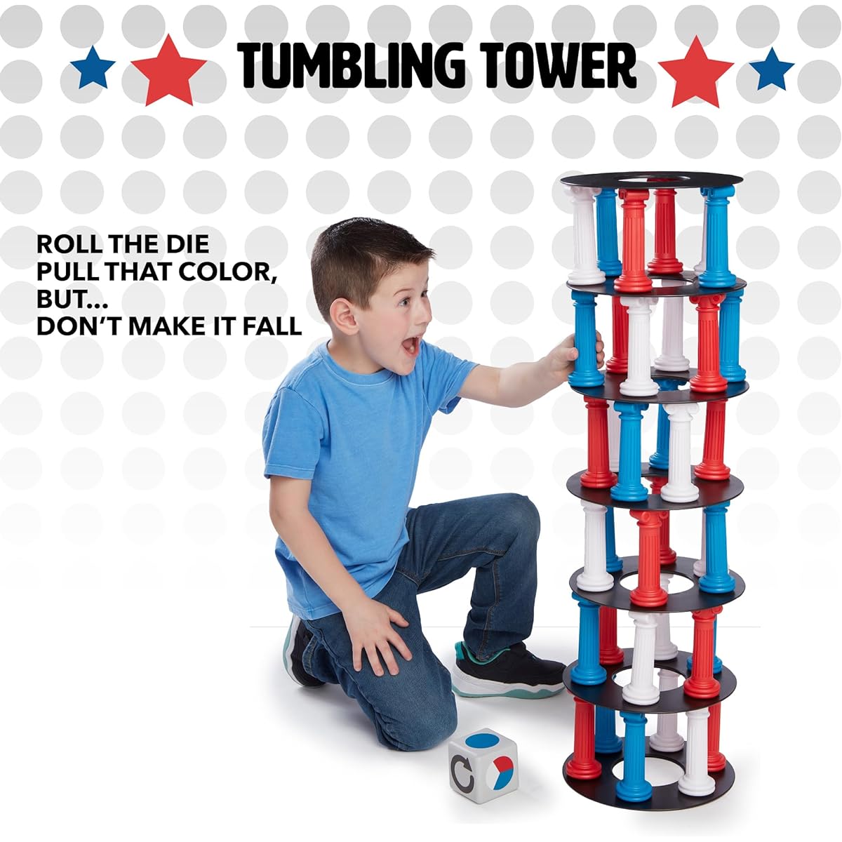 NSG Tumbling Tower Game - 36 Multi-Colored Columns, 7 Base Plates, Large Foam Dice, Travel Bag for Families, Friends, Kids, Teens, Adults, Ages 5+