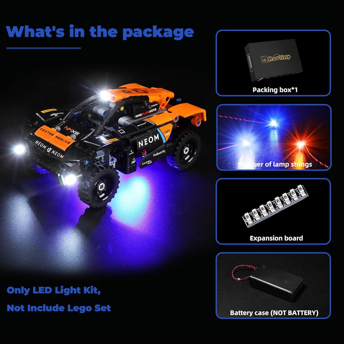 Rorliny LED Light Kit for Lego-42166 NEOM McLaren Extreme E Race Car, Lighting Set Compatible with Lego-42166 NEOM McLaren Extreme E Race Car Building Blocks Model (Lights Only, No Lego Set), GC637