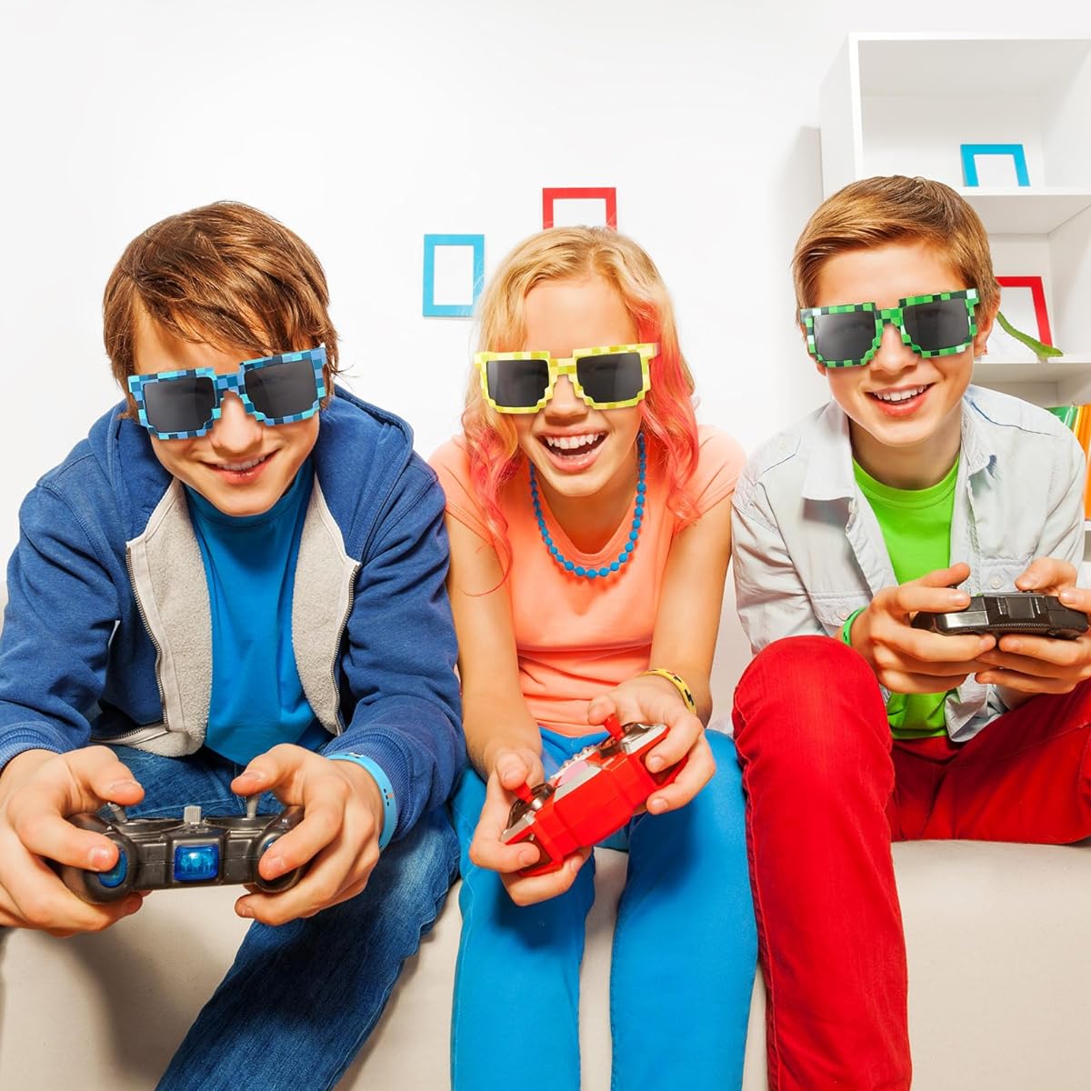 Geyoga 48pcs Pixel Gaming Party Supplies, 24pcs Pixel Gamer Sunglasses Pixelated Glasses, 24pcs Pixel Themed Bracelets Silicone Wristbands for Kids/Adults/Players/Birthday Decorations/Favors