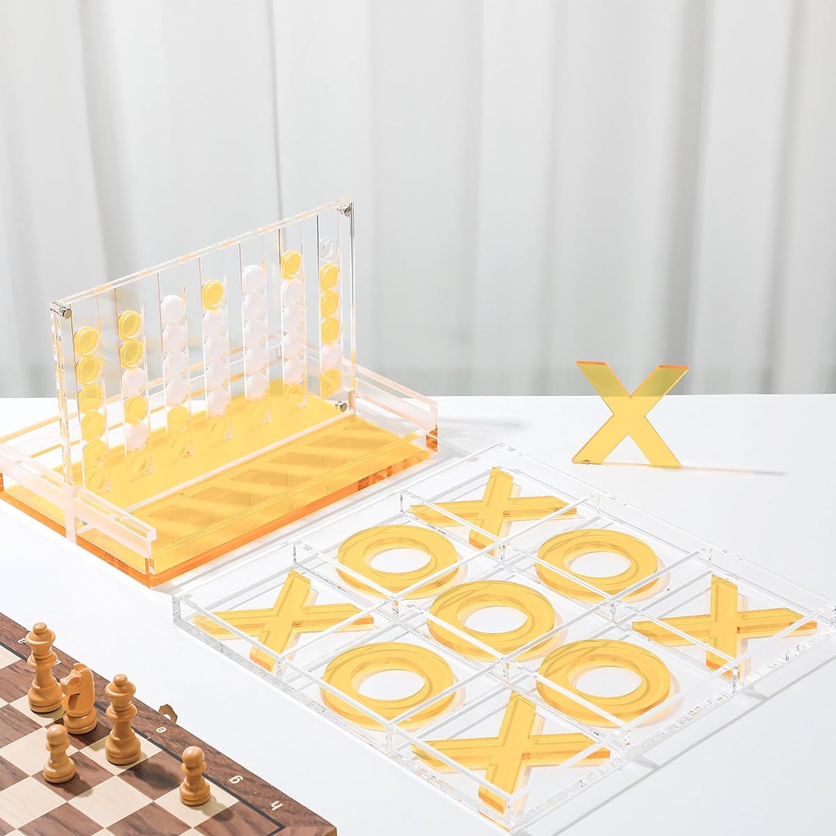 RoundFunny Acrylic Tic-Tac-Toe Set of 2, 4" Tie-Toe Game, Classic Board, Outdoor Game, Adult and Family Table Game, Strategy Board Game for Living Room/Table/Guest Room Decor (Yellow and White)