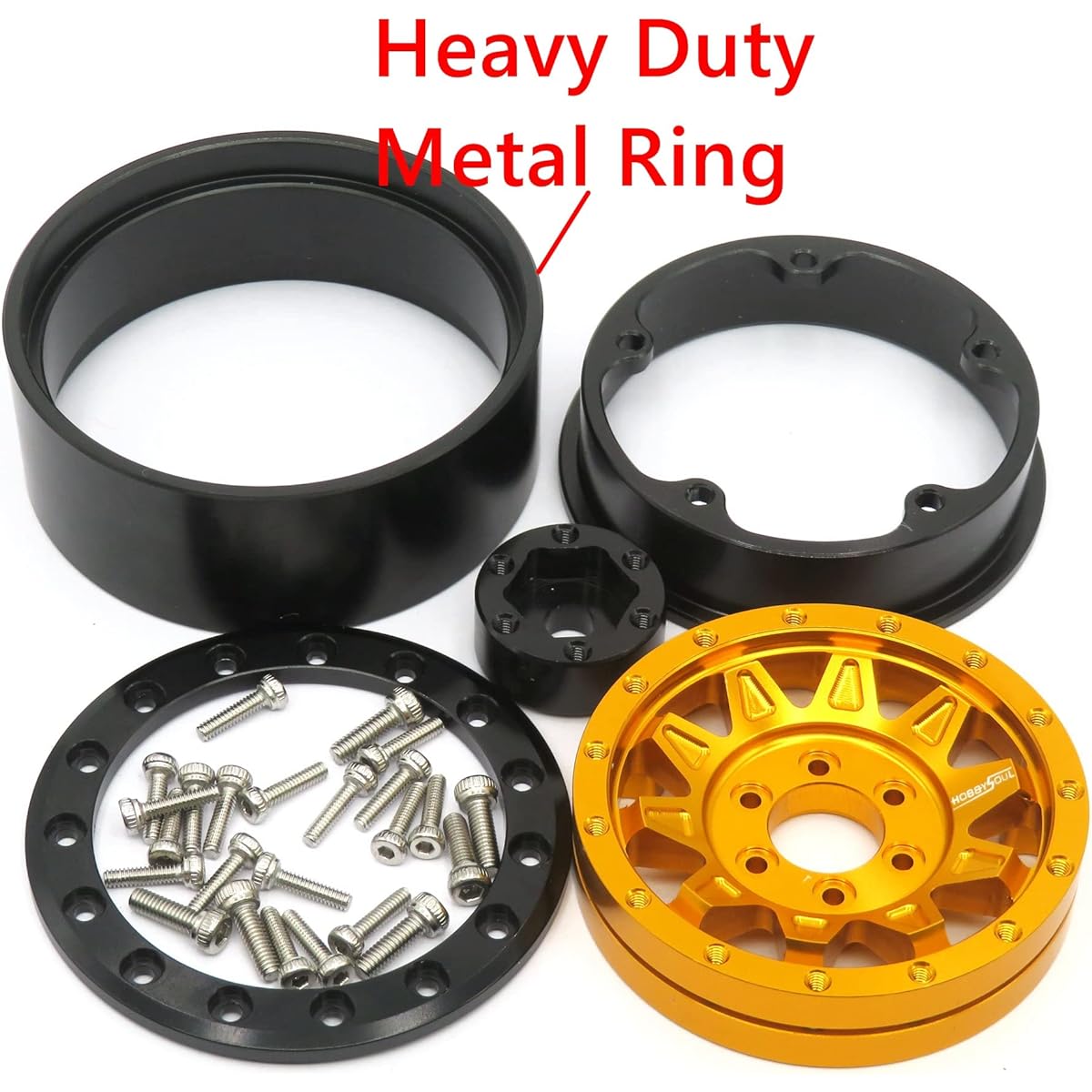 HOBBYSOUL 1.9 Mud Slinger Tires 120mm Mounted on 1.9 Beadlock Wheels Gold Black Soft 1.9 Crawler Tires for 1.9 Wheels (1.9 Wheel Weights with Heavy Duty Metal Middle Beadlock Rings) (Pack of 4)