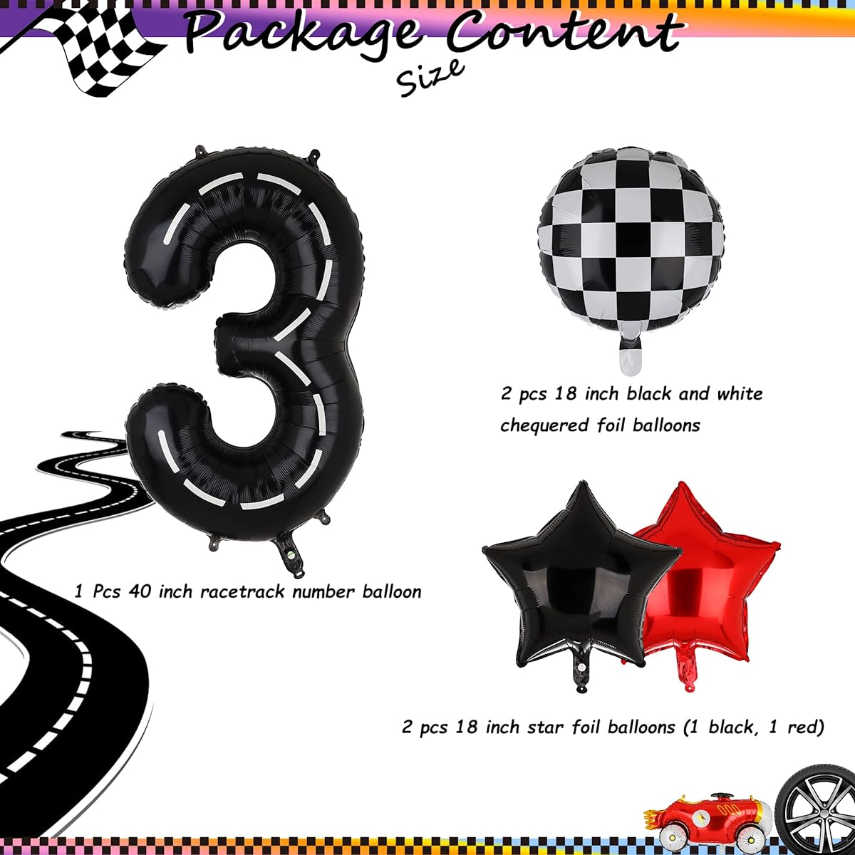 Race Car Birthday Balloons, 40" Race Track Number Balloons 3 Black for Boys 3rd Birthday Race Car Theme Party Decorations Supplies Mylar Helium Balloons 5pcs