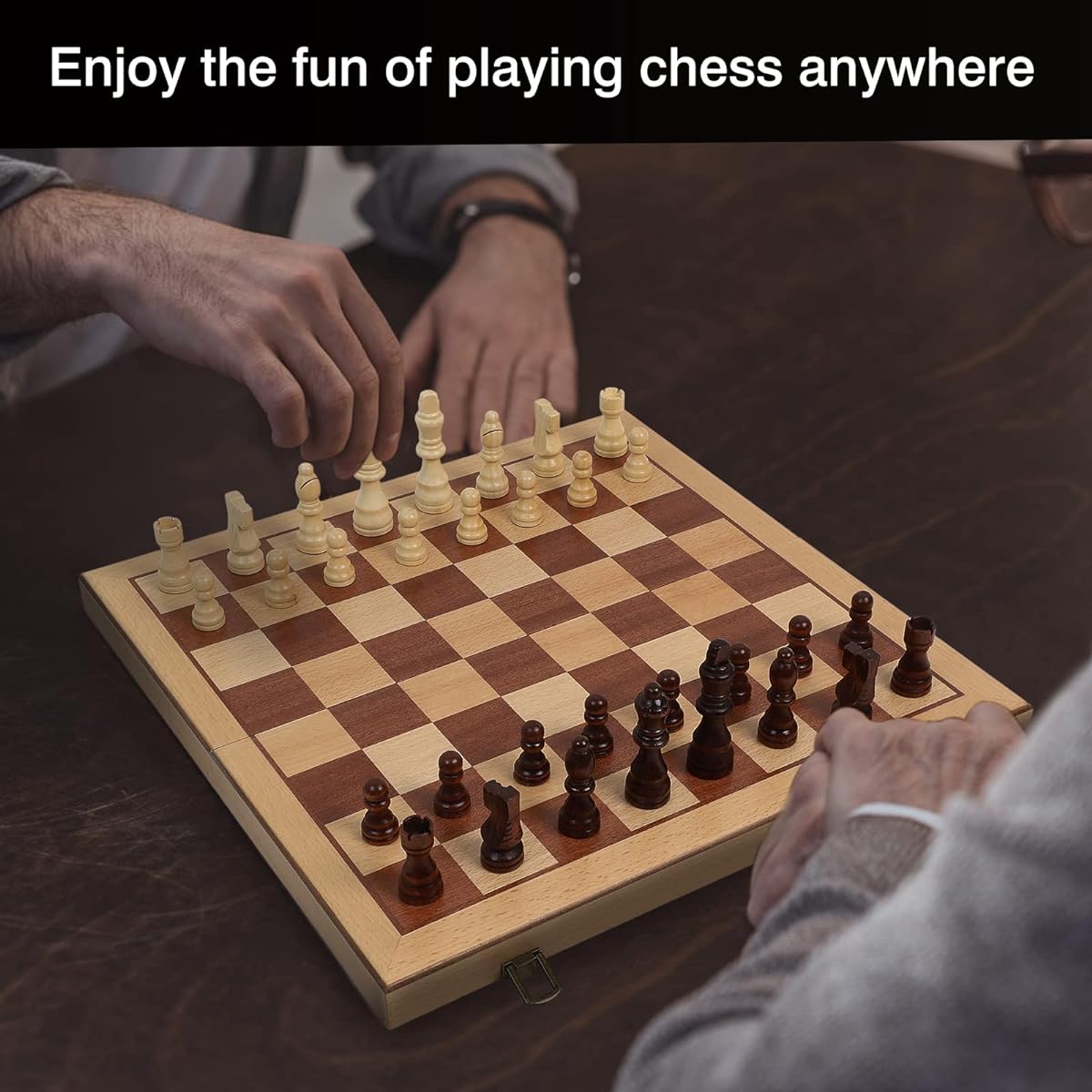 LEAP 15" Wooden Folding Chess/3" King Height Chess Pieces, Portable Travel Chess Board Folding Board - Beech & Maple Inlay
