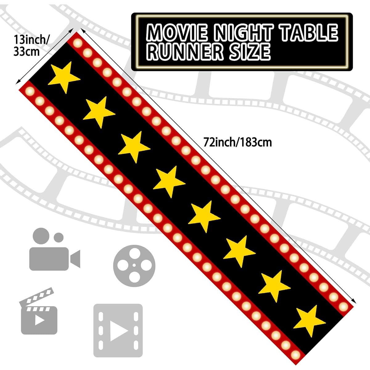 13x72 Inch Movie Night Table Runner, Red Movie Theme, Gold Star Design Movie Night Red Carpet Decorations for Movie Night Birthday Party Supplies (Black)