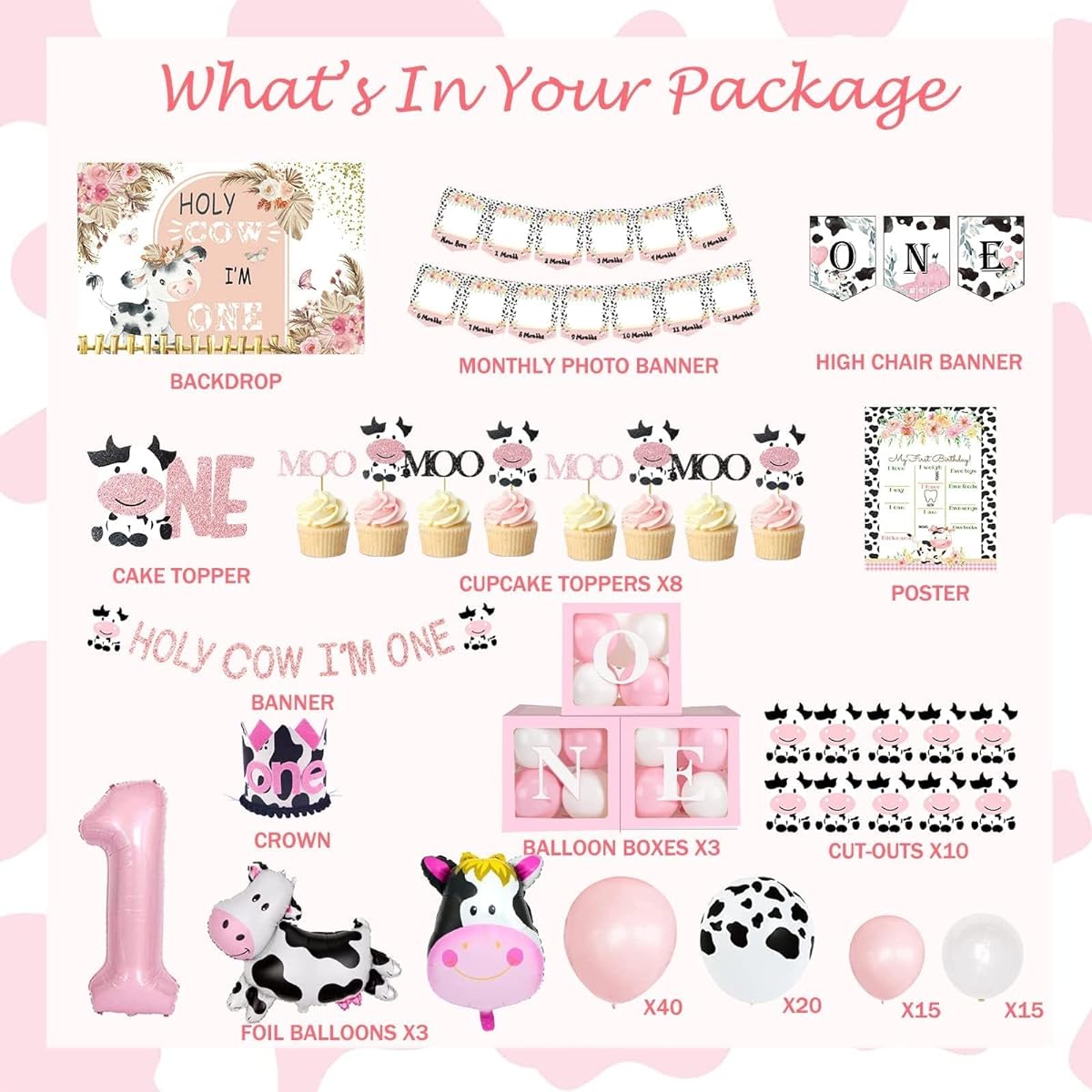 128 Pieces Holy Cow Im One Birthday Decorations for Girl Hombae Cow Moo First Party Decorations Backdrop Balloons Garland Monthly Photo Highchair Banner Cutouts Cake Cupcake Toppers Box Crown Poster Pink