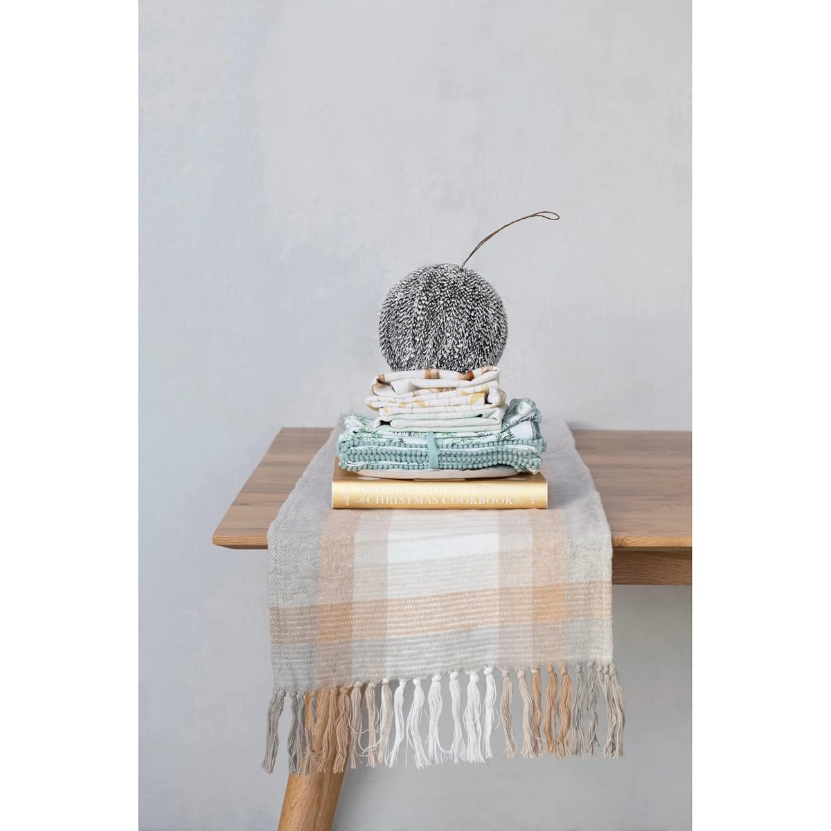 Creative Co-Op Cotton Flannel Table Runner with Fringe in Grey, White, Beige and Plaid