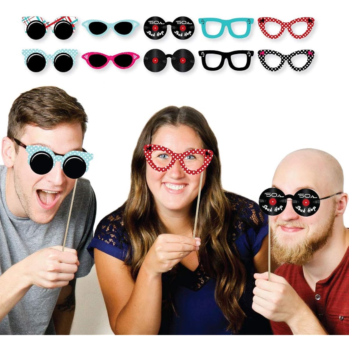 Big Dot of Happiness 50's Sock Hop Glasses - Paper Card Stock 1950s Rock n Roll Party Photo Booth Props Kit - 10 Pieces