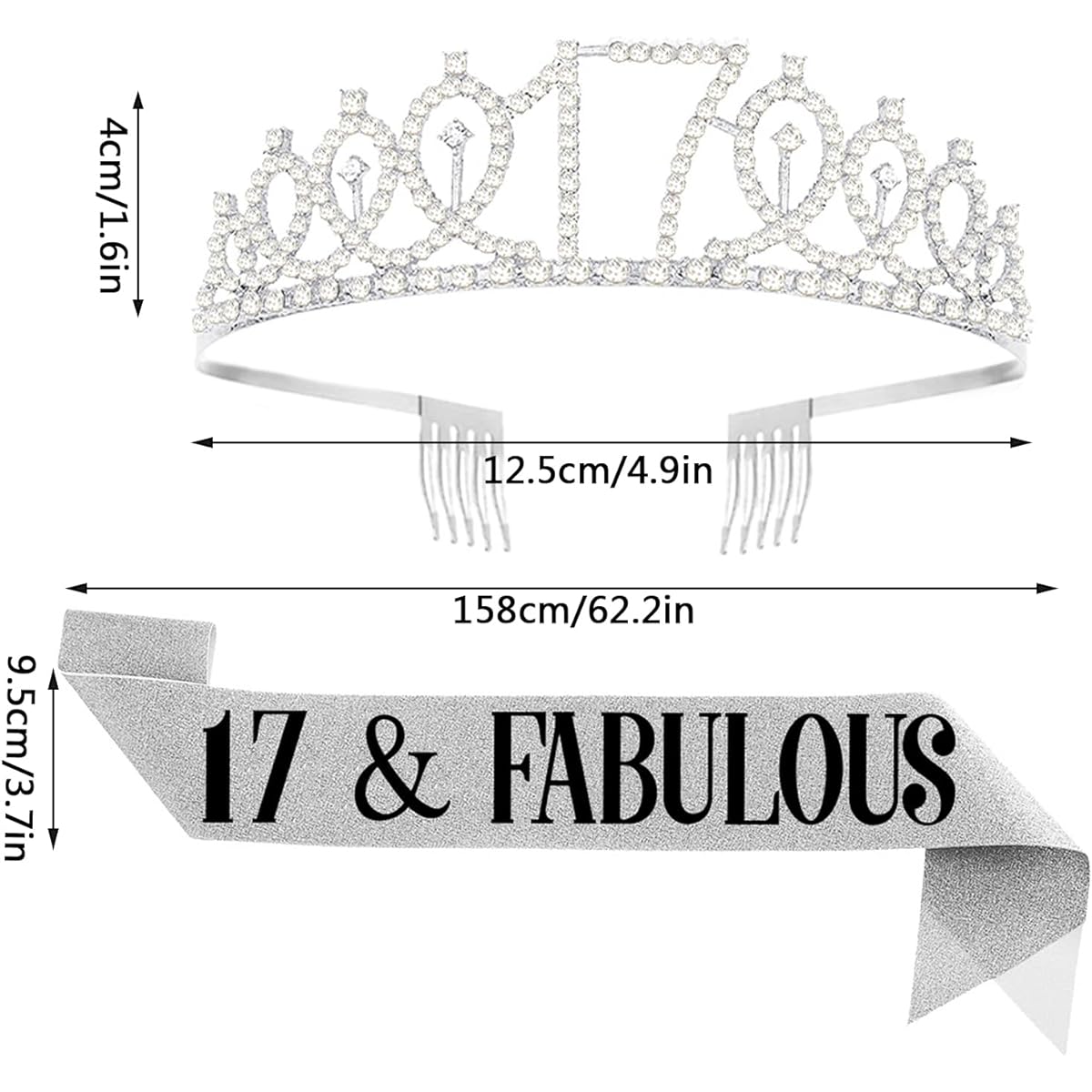 UVATAHONA 17th Birthday Sash and Tiara for Girls, 17 Years Old, Fabulous Sash and Tiara, Birthday Crown, 17th Birthday Gifts for Girls, Kids, Party Favors, Decorations, Silver