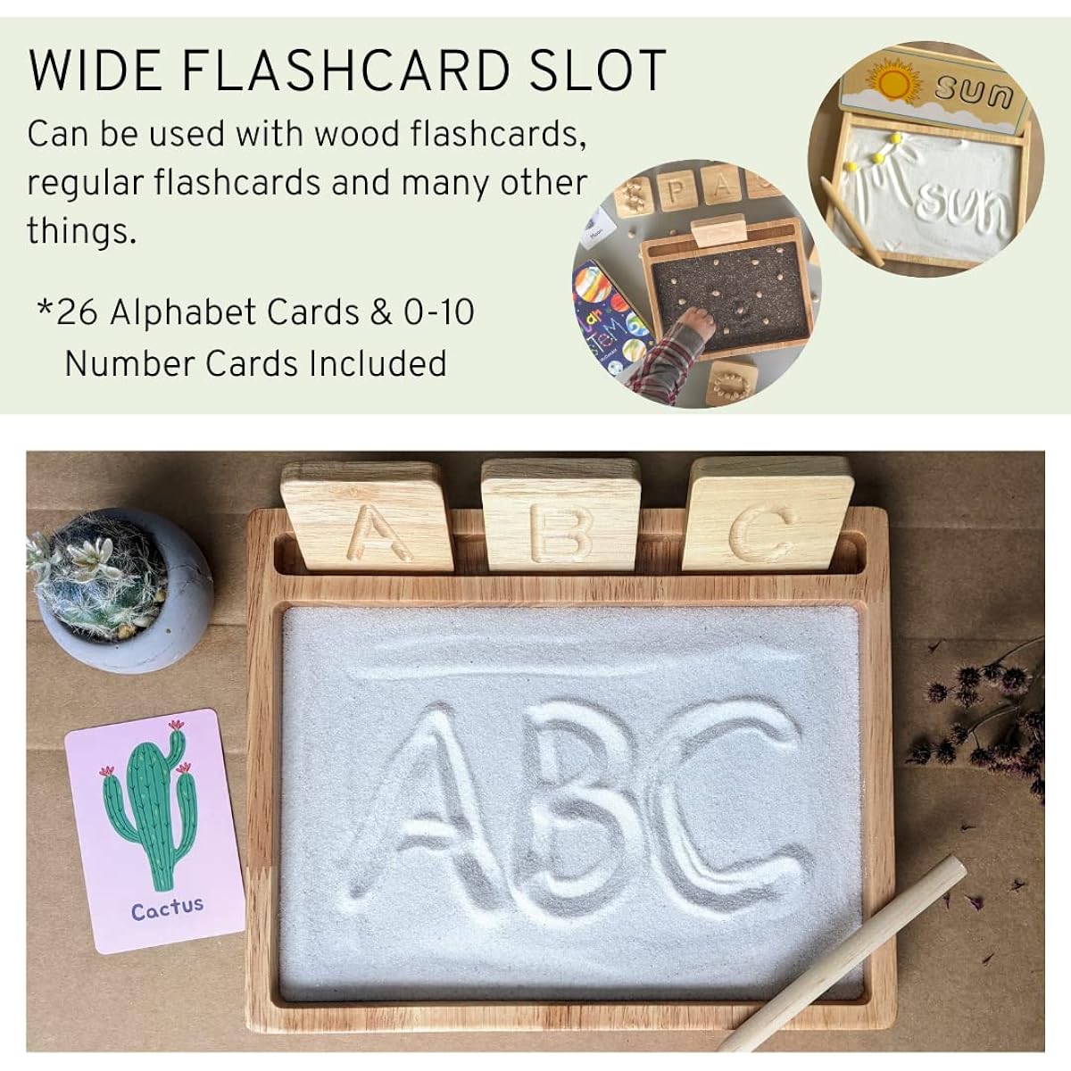 Montessori Sand Tray with Flash Card Holder and Flash Cards | Sand and Wooden Stylus | Sensory Bin | Tactile & Sensory Toys | Wooden Learning and Educational Toys | Montessori Toys