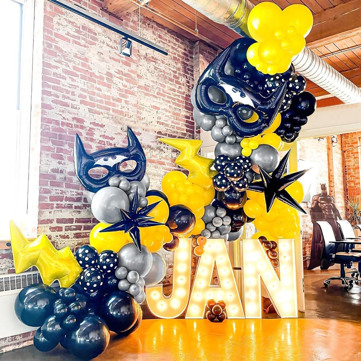 Bat Hero Birthday Party Decorations, 145pcs Yellow Black Grey Balloon Garland Arch Kit Lightning Starburst Foil Mylar Balloons for Cartoon Bat Theme Party Comic Book Video Game Decor
