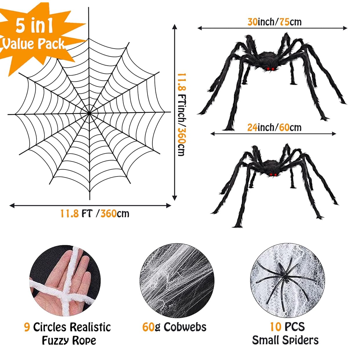 2022 Swagon 5-in-1 Value Pack 11.8ft Diameter Round Spider Web 30" 24" Giant Scary Spider 3oz Spider Web 10pcs Small Spider Halloween Decorations for Indoor Outdoor