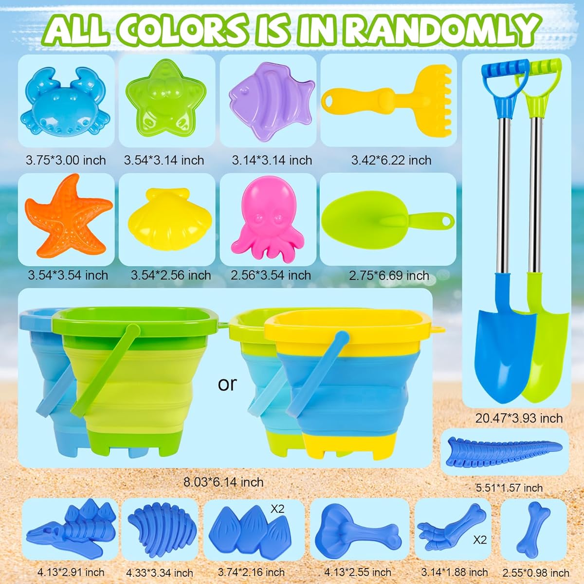 FUNWEGOT Beach Sand Toy Set, 2 Folding Buckets, 2 Large Size Sand Shovel, Rake, Animal Sand Mold Toys with Mesh Bag, Sandbox Kit for Ages 3+ (22 Pieces)