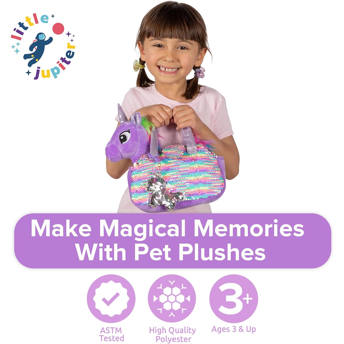 Little Jupiter Stuffed Animal Pet Set Unicorn Toy Unicorn Gifts for Girls Stuffed Animals for Kids Unicorn Plush Toy with Reversible Sequins & Charms (Purple Rainbow Unicorn) Ages 4-5-6-7