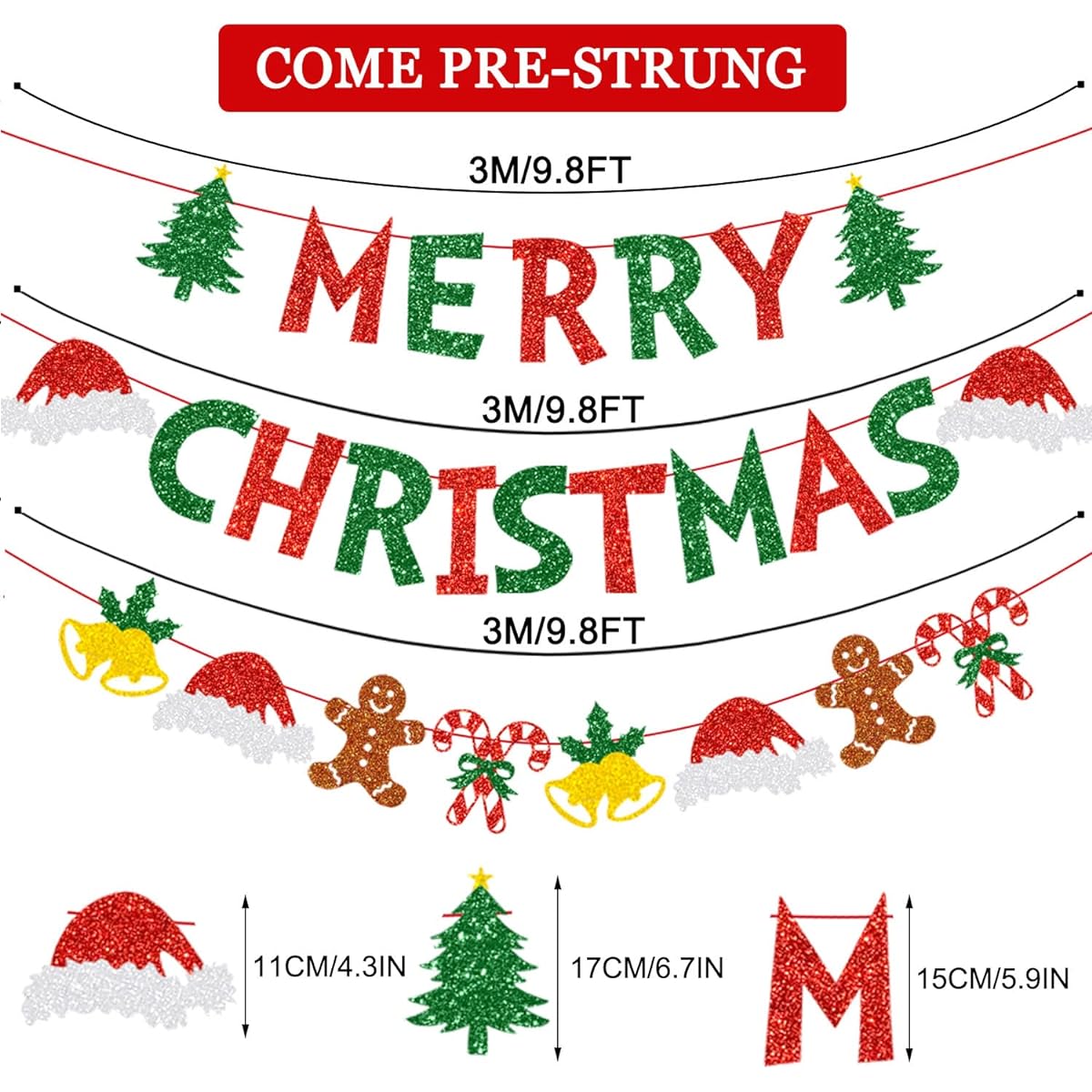 CAVLA Glitter Merry Christmas Banner, Glitter Christmas Sign Banner Red Green Sparkly Christmas Garland Banner Christmas Party Decorations Home Wall Fireplace Party Supplies