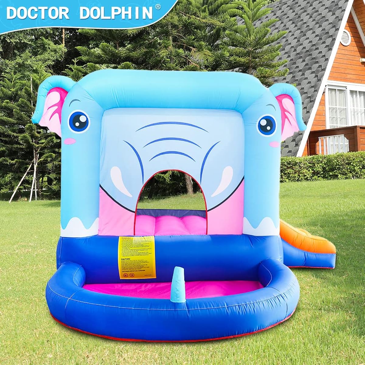 Dr. Dolphin Bounce House with Toddler Slide Bounce House 5-12 Years Kids Slide with Blower Bouncy House Outdoor Indoor Jumping House with Ball Pit and Slide (Elephant Shape)