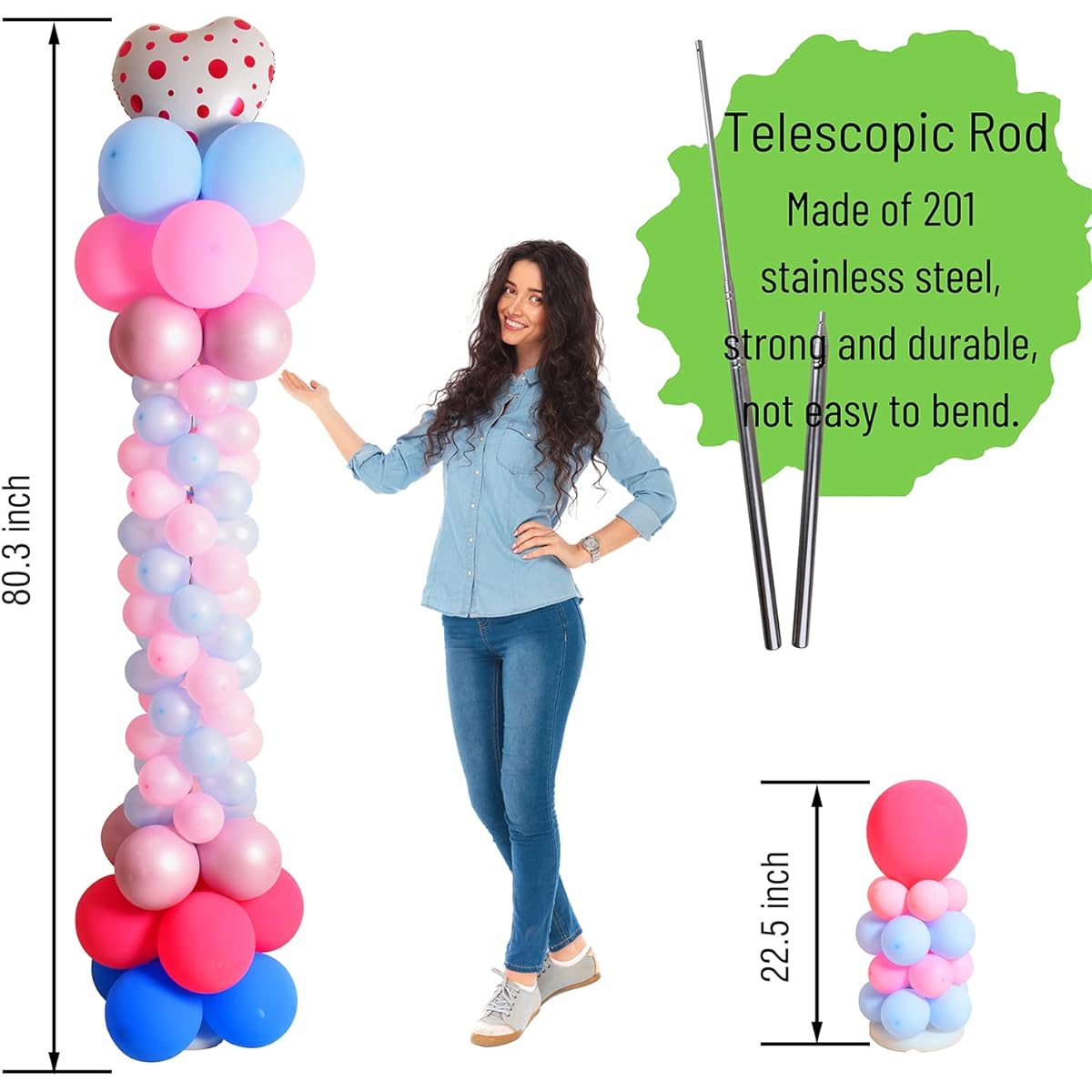 Miliocry Balloon Column Stand Kit, Set of 2 6.6ft Adjustable Balloon Arch Stand Tower Pillar with Base, Reusable Metal Telescopic Pole for Birthday Wedding Baby Shower Graduation Party Decorations