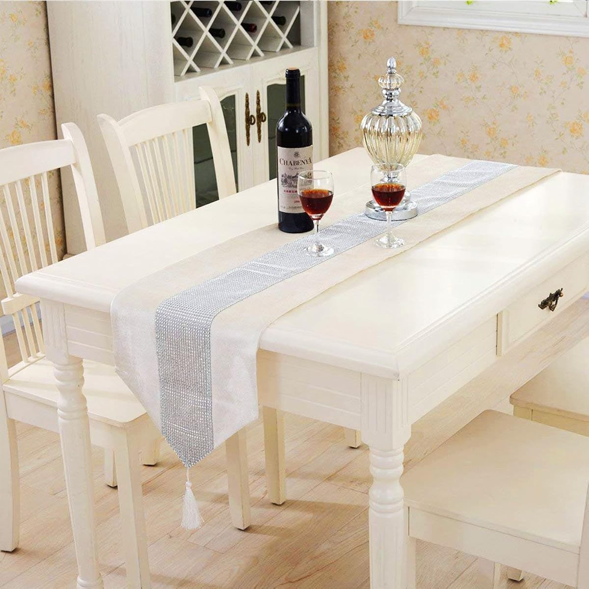 Atiming Beige Modern Table Runner Tapestry Luxury Diamond Wedding Christmas Table Runner 72 Inch Christmas Dining Table Decoration