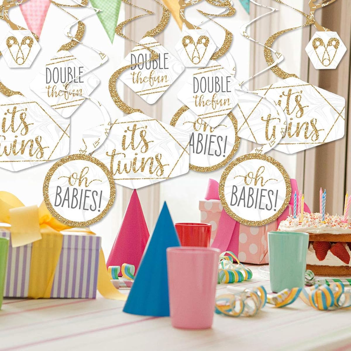 Big Dot of Happiness It's Twins Gold Twin Baby Shower Hanging Decor Party Decorations Swirls Set of 40