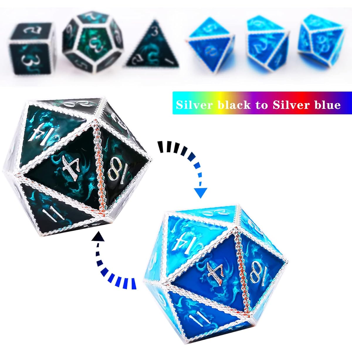 HAOMEJA Color Changing Temperature Metal Dragon DND Dice Set D&D Dice Set Role Playing Dice for Dungeons and Dragons Black Transition Blue
