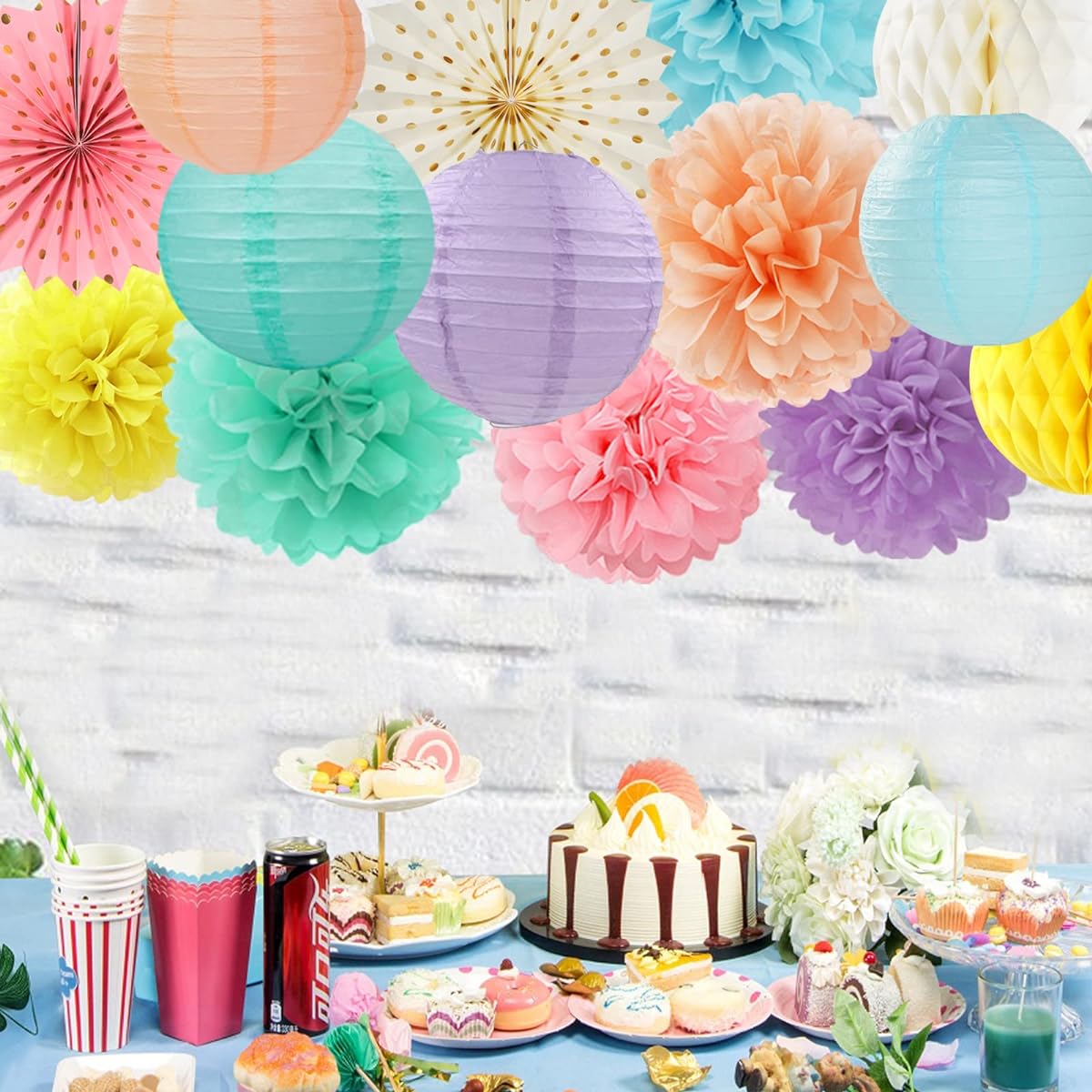 Pastel Rainbow Party Decorations Streamers - 14 Pieces Boys Girls Kids Birthday Supplies Pink Yellow Blue Paper Lantern Fan Tissue Pom Poms Honeycomb Balls Baby Shower Wedding Decoration Long Lasting Surprise