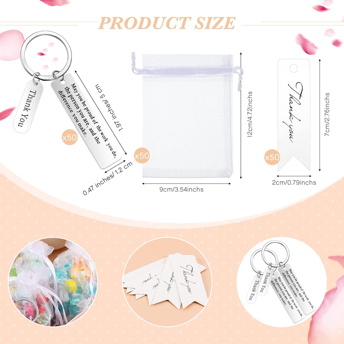 50pcs Gratitude Keychains, Employee Appreciation Gifts, Office Gifts for Women and Men, Coworker Gifts with Organza Bags and Thank You Cards for Teachers/Nurses, Black and Silver, Medium