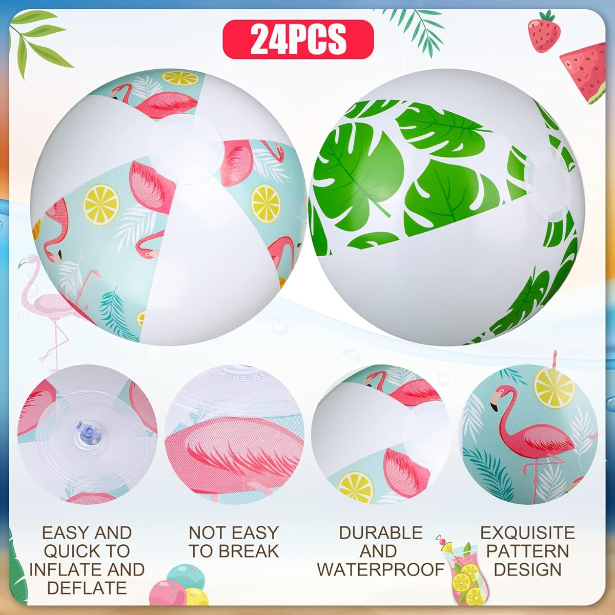 Honoson 24pcs 10" Flamingo Inflatable Beach Balls Beach Bachelorette Party Decorations Palm Leaves Pink Flamingo Pool Floats for Birthday Water Girls Boys Summer Theme Party