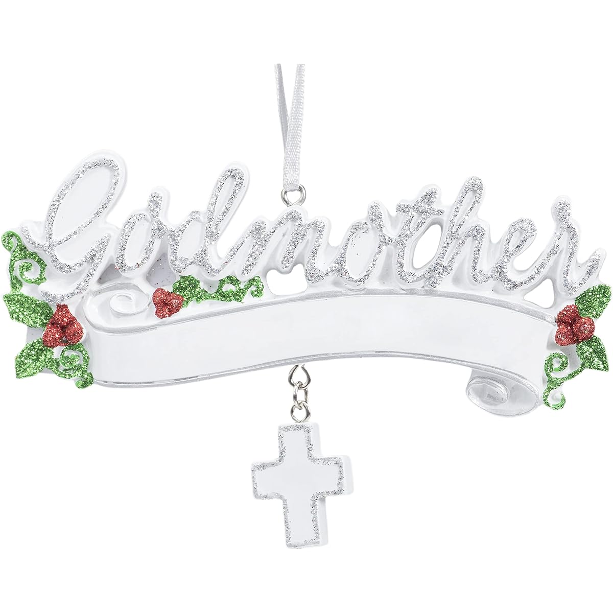 UniqXmas Personalized Godmother Christmas Ornament - Free Customization | Unique Baptism Keepsake Gift from Godchild - Silver God and Mother Words with Cross for Christmas Tree | Custom Name & Year