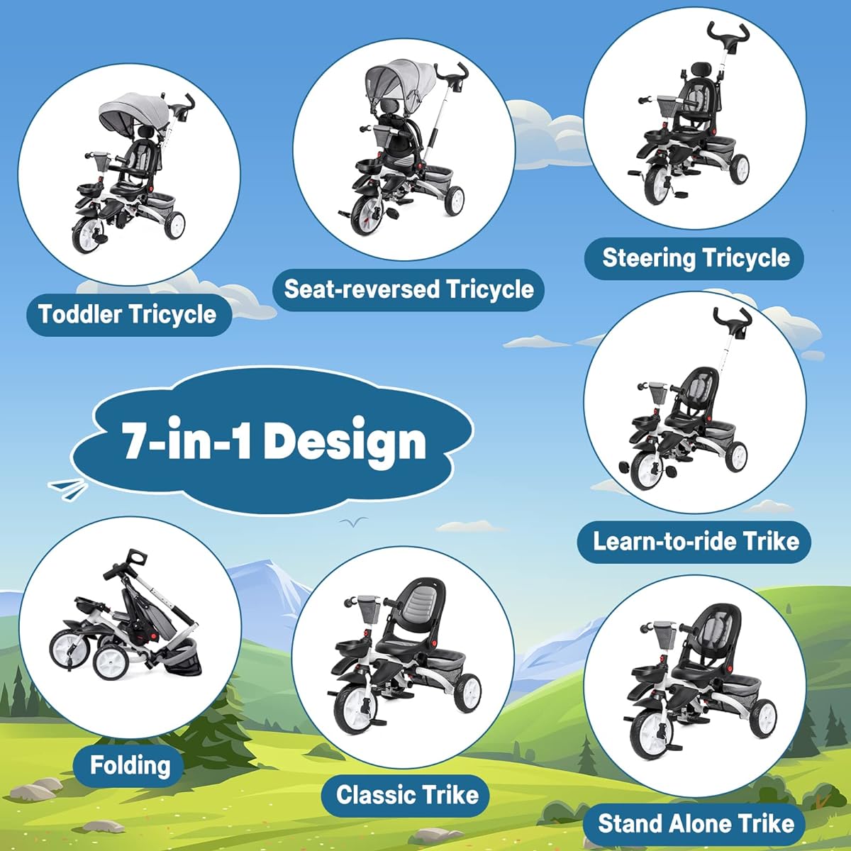 Babevy Baby Tricycle 7-in-1 Folding Toddler Bike with Removable Adjustable Push Handle, Canopy, Swivel Seat, Safety Harness, Cup Holder & Storage, Trike for 1-5 Years Old Toddler Tricycle (Grey), Large, BABEVYTRICYCLE001