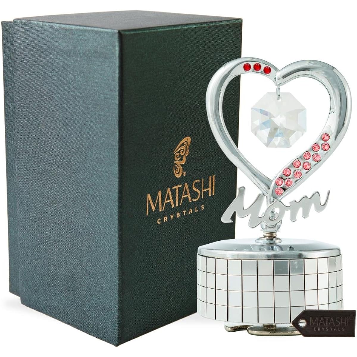 Chrome Plated Mom Heart Wind-Up Music Box Table Top Ornament with Crystals by Matashi- Amazing Grace