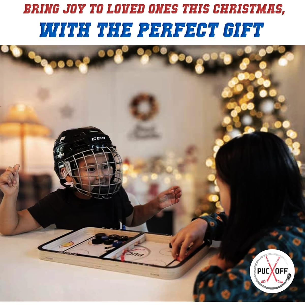 PUC OFF Fast Sling Hockey Puck Wooden Board Game for Entertaining Family and Friends, Portable Soccer Ball for Adults & Kids, Desktop Birthday Christmas Party Gift