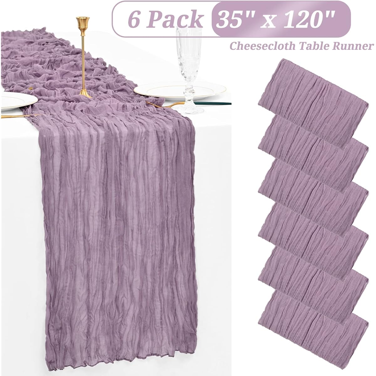 Showgeous 6 Pack Cheesecloth Table Runner Purple Gauze Table Runner 10FT Long Semi-Sheer Table Runner Boho or Rustic Wedding Table Decor for Wedding Decor Arch Draping Bridal Shower Holiday Party