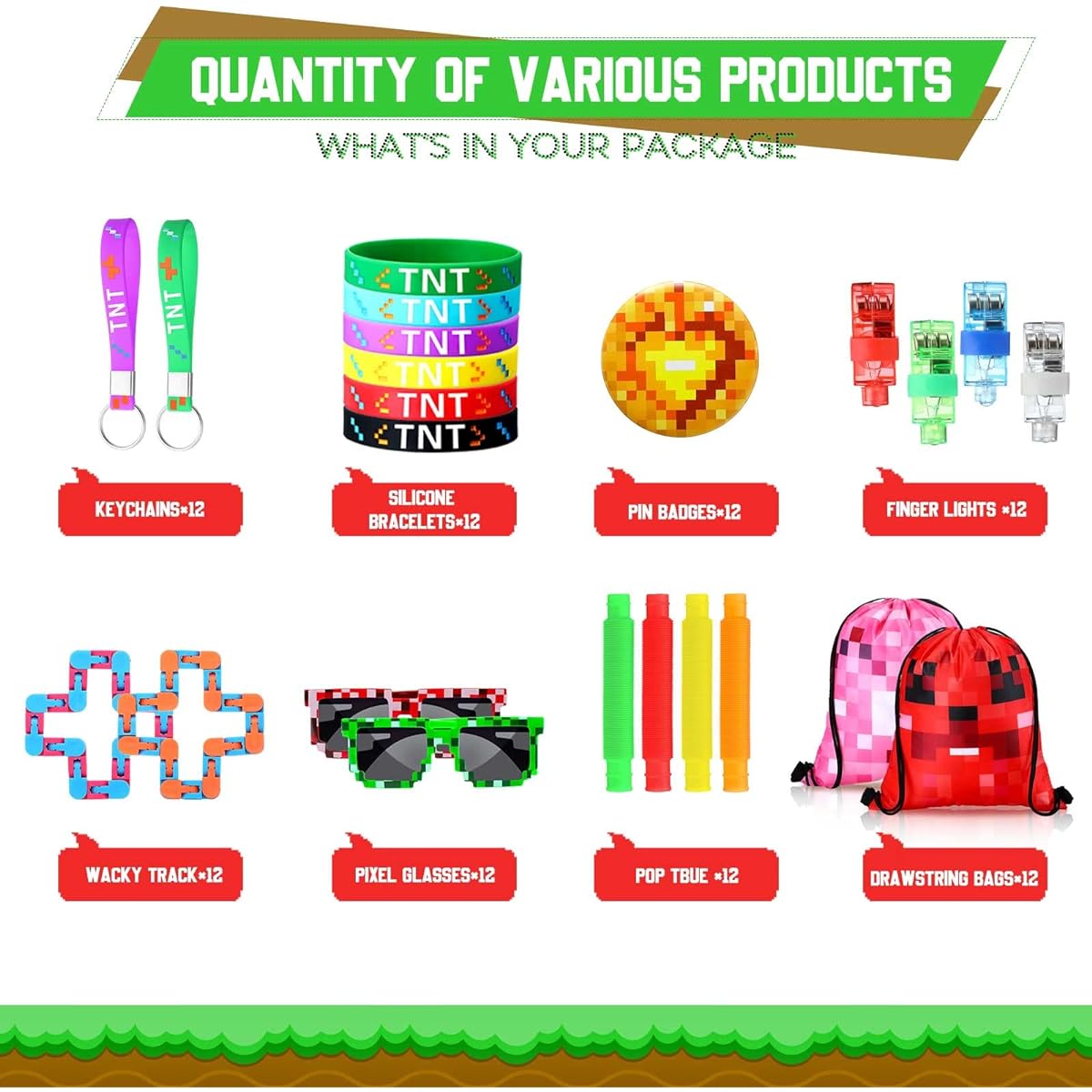 96 Pieces Pixelated Miner Party Favors Pixel Birthday Party Supplies with Keychains Bracelets Button Pins Sunglasses Drawstring Bags Tubes Sensory Toys Wacky Trucks Finger Lights for Girls and Boys