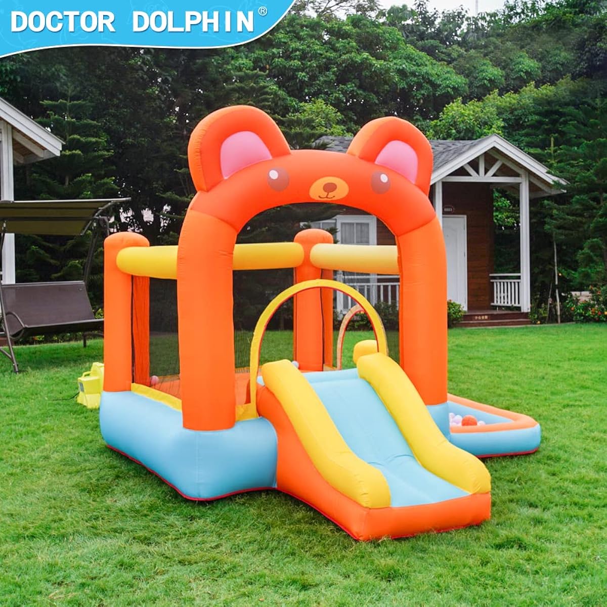 Dr. Dolphin Indoor & Outdoor Bounce House for Kids Inflatable Playhouse with Mini Slide Jump House Castle with Punching Bag (Ear Theme)