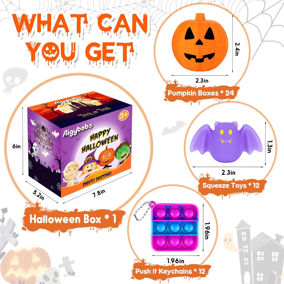 48 Pieces Halloween Party Favors Set for Kids, 24 Pack Halloween Pre-Filled Pumpkin Boxes with Mini Squeegee Toys and Push It Keychains, Trick or Treat Toy Gifts, Carnival Games, Prizes for School Classroom