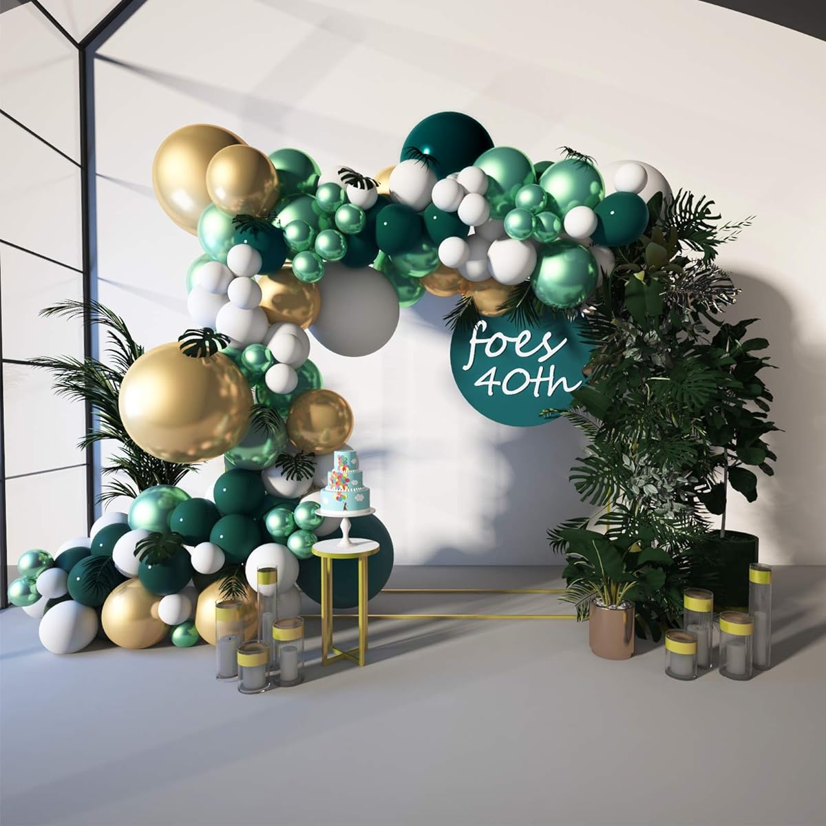 Soonlyn Jungle Sulphur Balloon Garland Arch Kit, 125pcs 18" 12" Emerald Green Gold Materik White Balloons with Large Leaves Party Decorations Baby Shower Kids Birthday