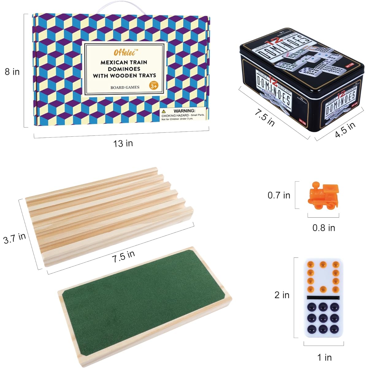 Offelec Mexican Train Double 12 Domino Set, 91 Tiles, Classic Domino Game with 8 Wooden Tray Rack Holders, Tin Box, Colorful Train, Great for Kids, Adults, Seniors, Families