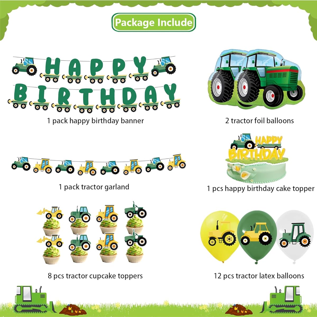 JOPARY Farm Green Tractor Party Supplies Green Tractor Birthday Decorations Happy Birthday Banner Tractor Garland Cupcake Toppers with Balloons for Girls Boys Kids Birthday Photo Booth Props