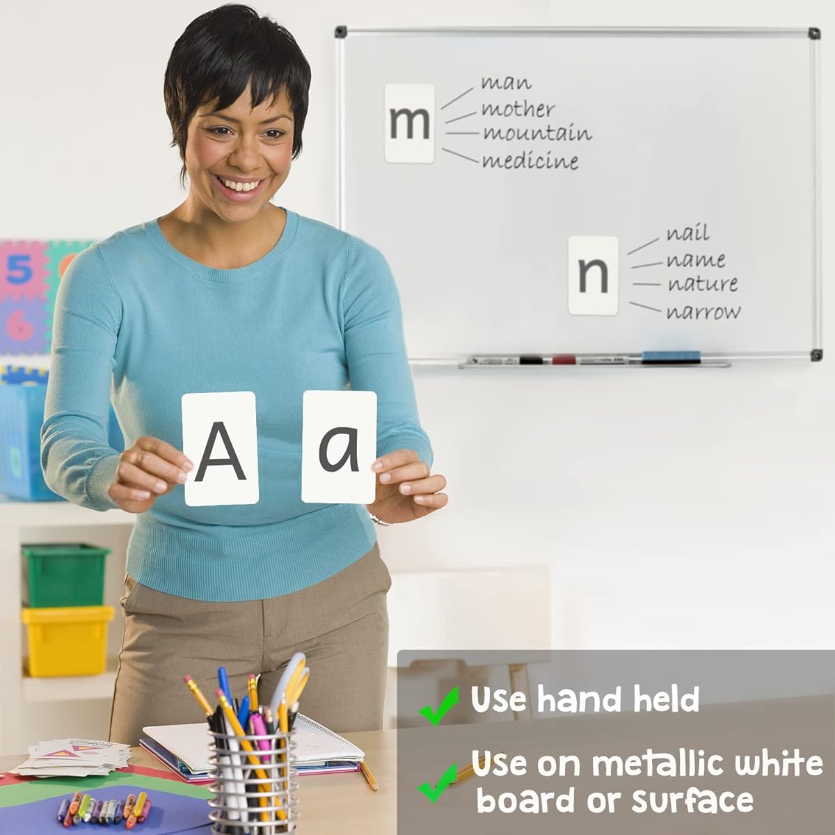 Attractivia Magnetic Big Alphabet ABC Flash Cards - 52 Sturdy Uppercase & Lowercase Large Letters Black - For Classroom Teachers, Homeschool, ESL, Kids & Adults