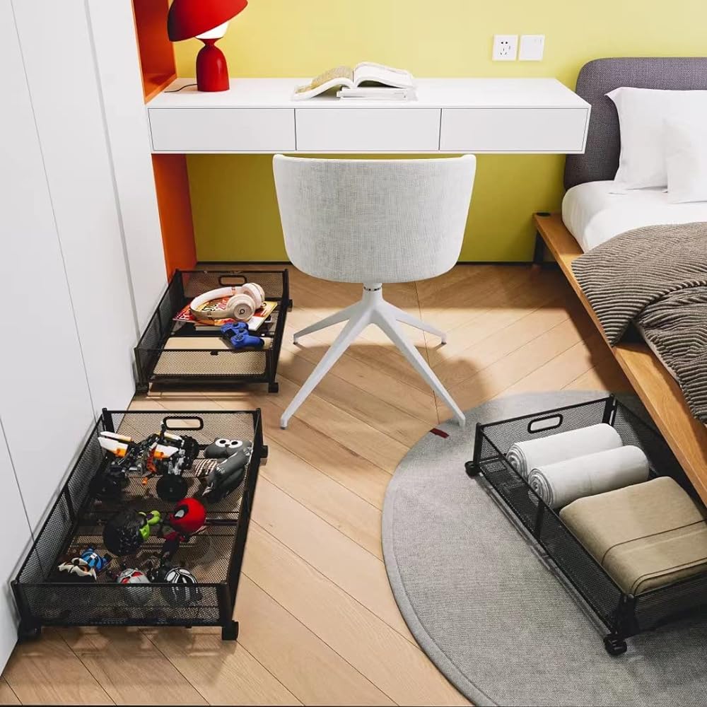 Absdefen Under-bed Storage Box with Roller, Clothes Storage Rack, Foldable, Thin, Large Capacity, Storage Box, Storage Case, Futon Bag, Books, Miscellaneous Goods, Futon, Blankets, Nursing Care Items, Clothes Storage, Space Utilization, Set of 2 (Black)