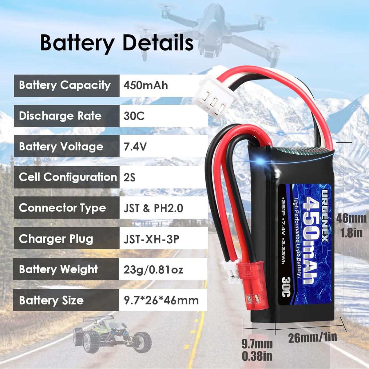 URGENEX 7.4V Lipo Battery 2S 30C 450mAh Rechargeable Lipo Battery with JST&PH2.0 Plug SCX24 Battery with 1to2 USB Charger Compatible with Most 1/10, 1/16, 1/18, 1/24 Scale RC Car Truck RC Drone Airplane