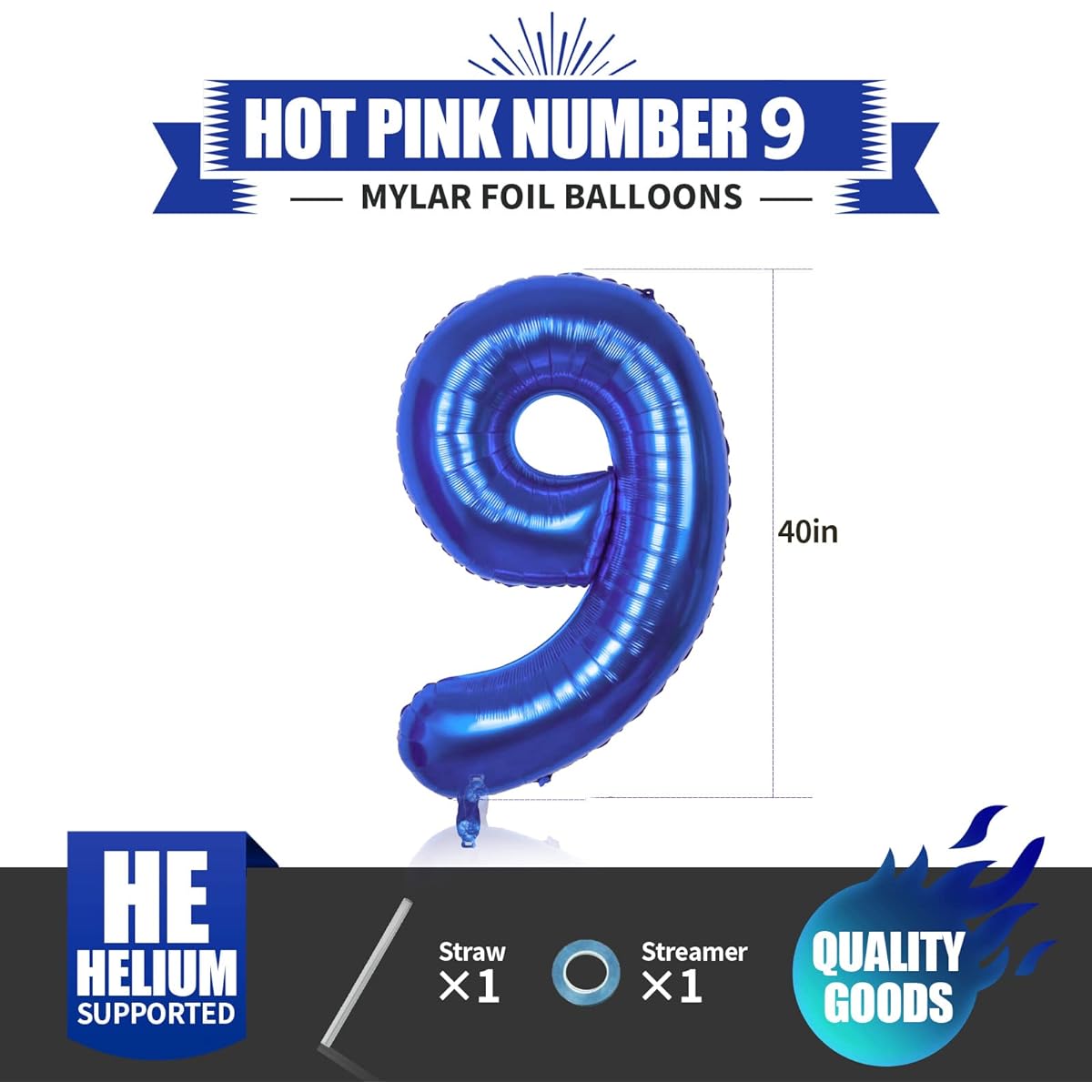 Large Dark Blue Number 9 Balloons - 40 Inches | Mylar Blue 9 Balloons Number 9 Birthday Decorations for Boys | Number 9 Balloons | Ninth Balloon | Large 9 Balloons Green for Jungle Party Decorations