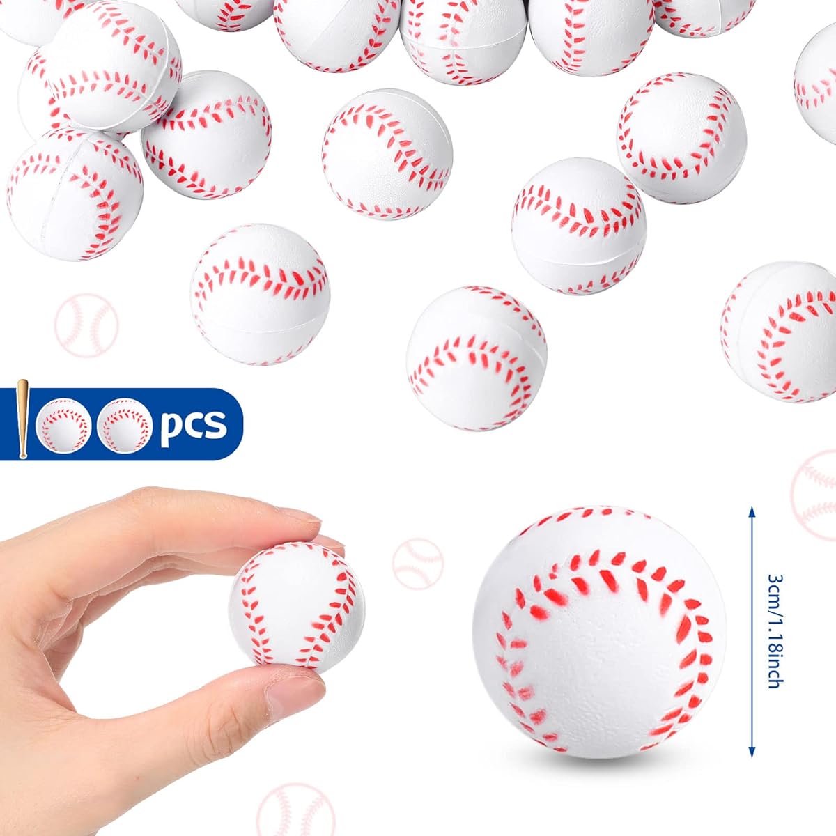 100 Pack Mini Foam Baseballs, Sports Party Stress Relief, Foam Baseballs, Small Soft Baseballs, Birthday Game Party Supplies, Favors, 1.18 Inch