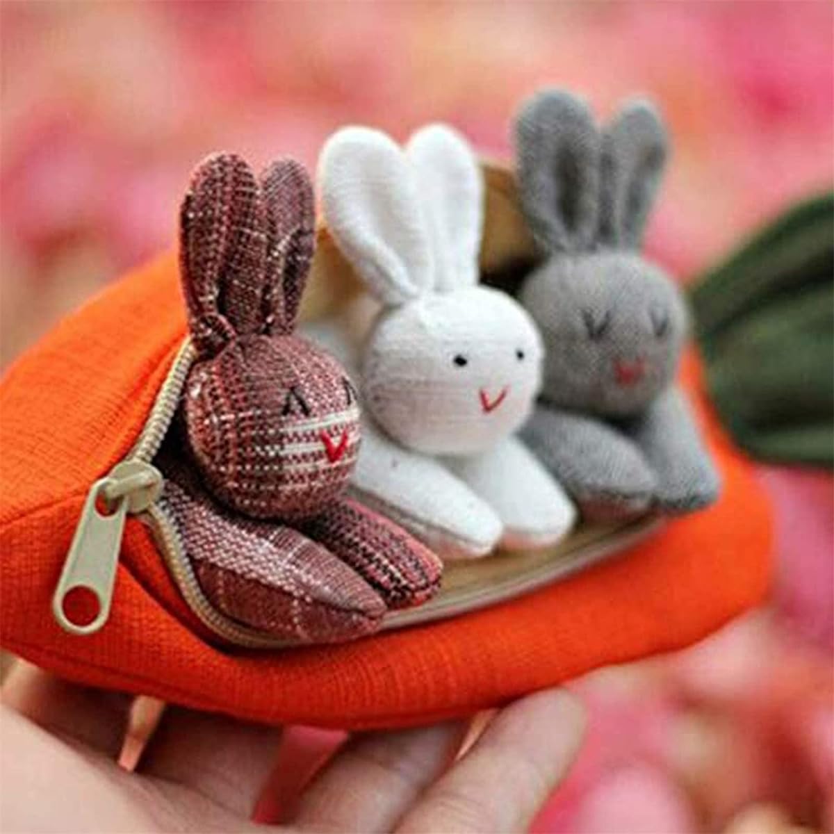 Pumpkin Rabbit in Easter Carrot Pouch, Three Rabbits in Carrot Purse, Carrot Stuffed Animals, Toys, Stuffed Animal Surprise Zip Up Carrot Hideaway, Unzip Rabbit Doll Toy, Easter Doll Zipper Purse