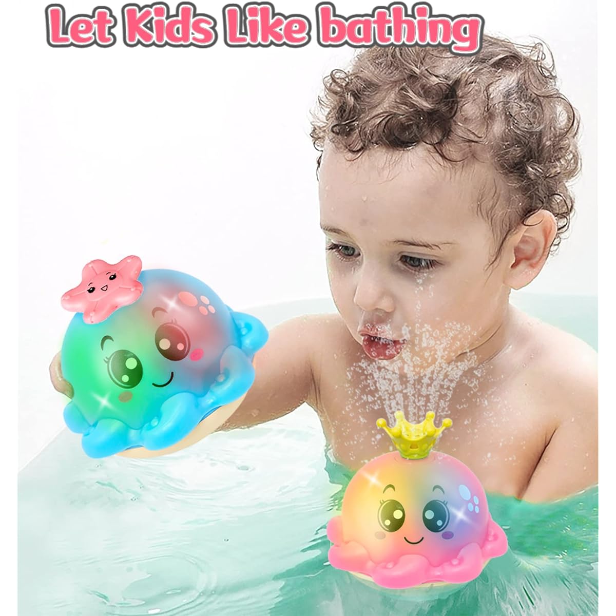 Baby Bath Toys Automatically Water and Light Up Bathtub Toys for Toddlers Kids Ocean Animals Swimming Pool Bathroom Toys for Boys Girls - Octopus Pink