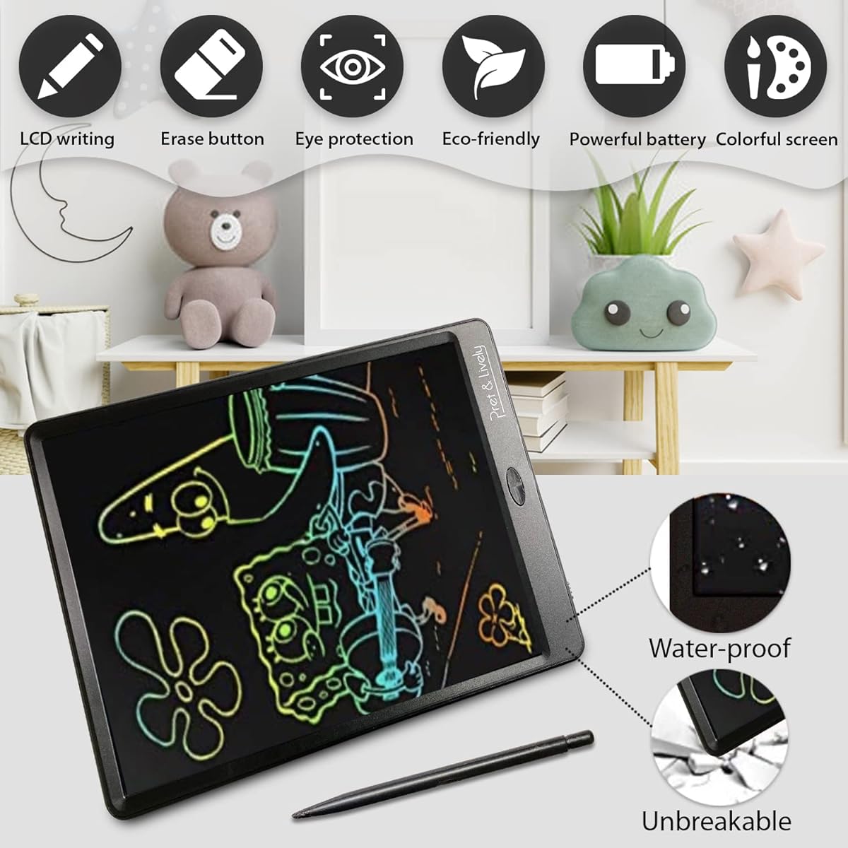 Pret & Lively Kids 12 Inch LCD Tablet Writing & Learning Doodle Pad Toddler Fun Educational Gift Erasable Drawing Board Portable Sketch Pad Colorful Scribble for Ages 3 and Up Boys & Girls (Black)