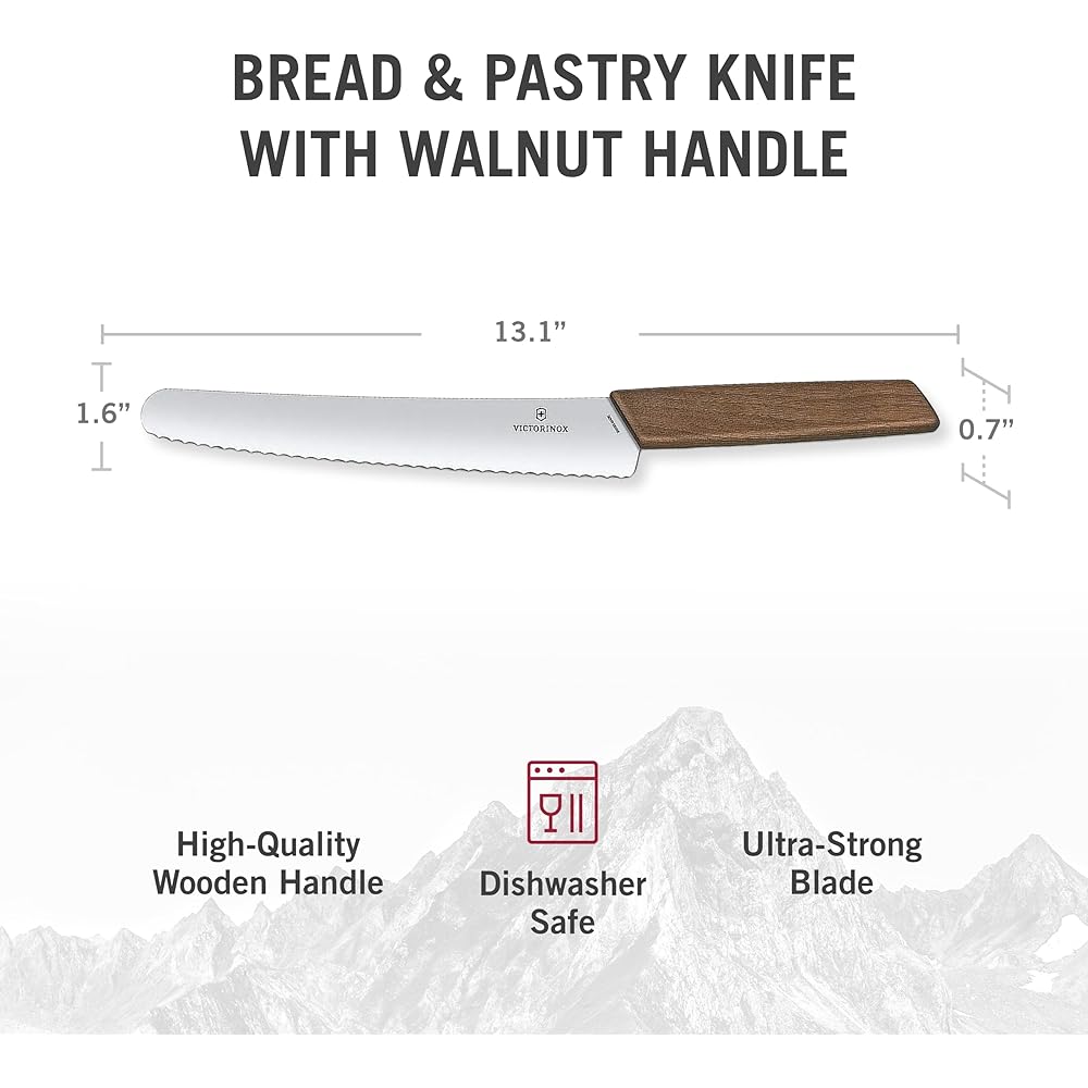 VICTORINOX Bread & Pastry Knife Bread knife that cuts bread and fruits neatly 22cm Wave blade Wood Bread knife that neatly cuts baguettes and breads Paring knife 6.9070.22WG
