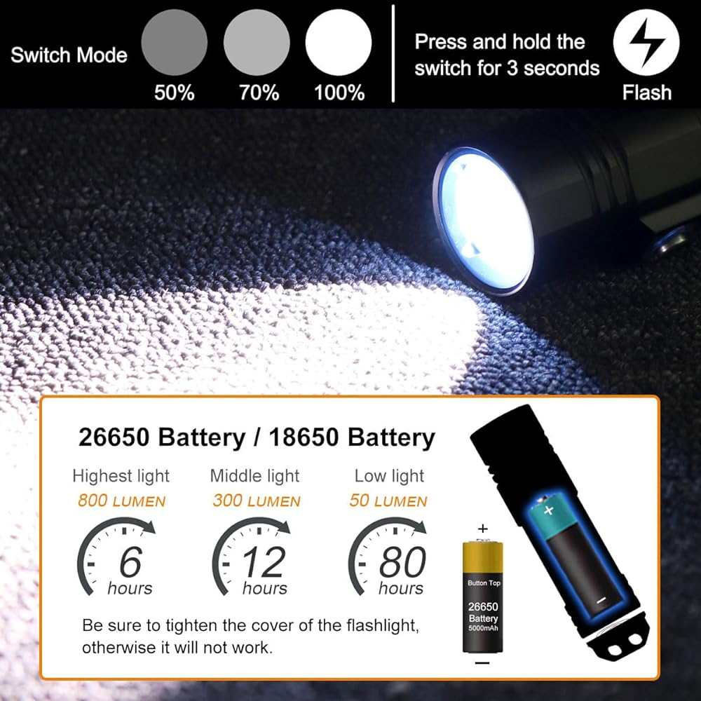 SecurityIng Diving Light 800 Lumens IPX-8 Waterproof Diver Light Underwater Light 80M 4 Dimming Modes LED Flashlight Diving Disaster Prevention Earthquake Prevention Fishing Camping Climbing (Batteries not included)