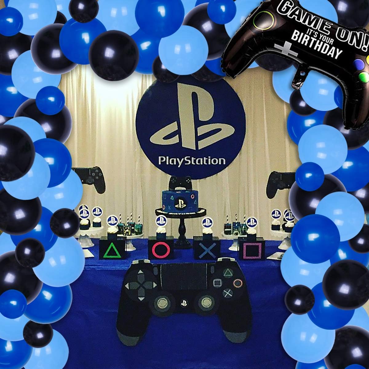 Video Game Party Supplies Blue and Black Gaming Theme Balloon Garland Arch Kit for Gamer Boys with Letters and Controllers Foil Balloons Backdrop Birthday Decorations